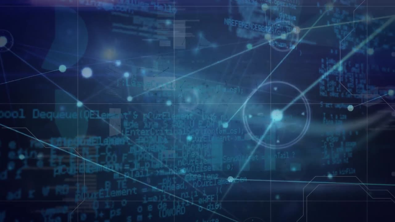 Animation of network of connections over data processing on black background