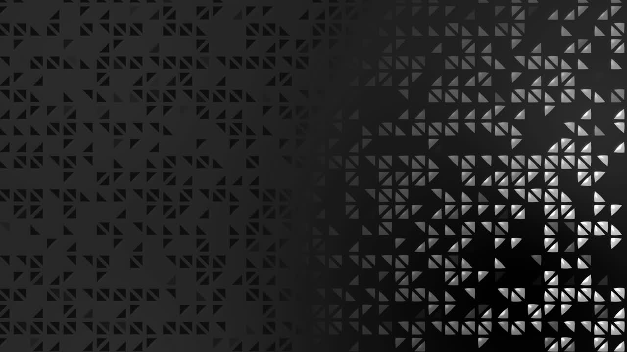 Monochrome abstract pattern with dark gray flat triangles and glossy 3D-effect white and silver triangles on the right. Copy space. Animated border. Looped