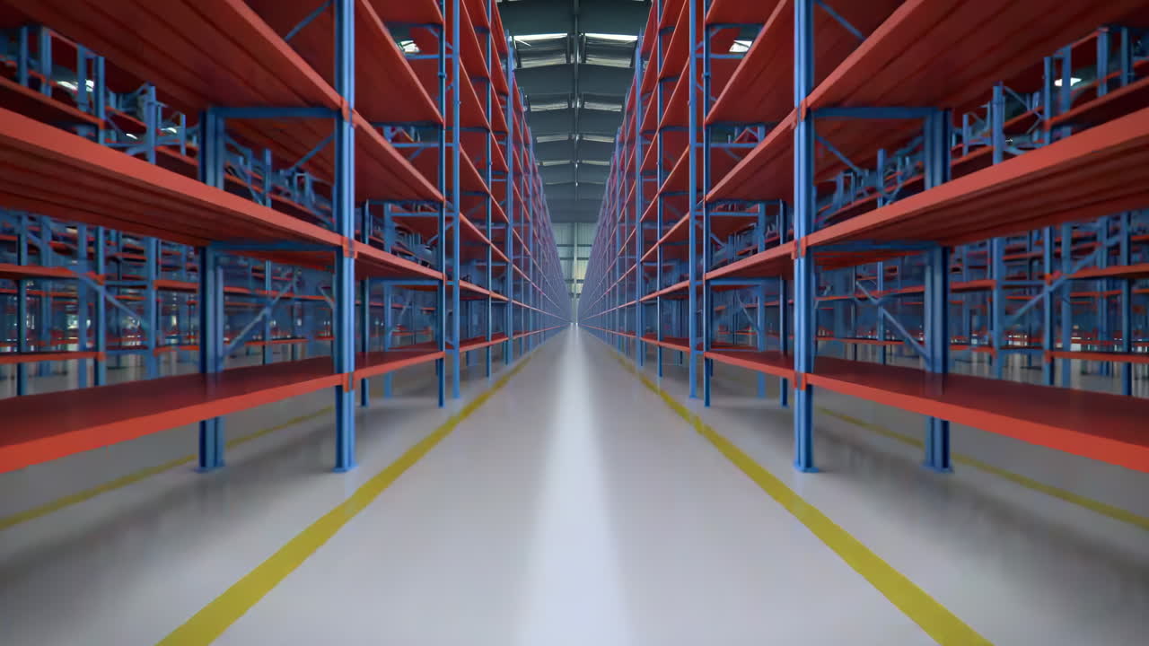 Interior of new huge warehouse with empty racks inside for storage modern design, metal shelves for distribution. Industrial storage racking.