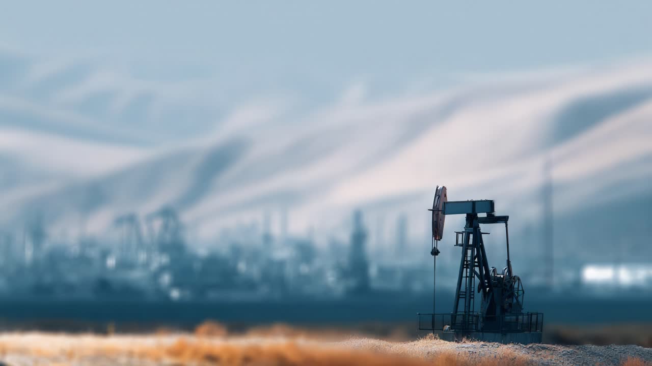 Industrial Oil Pump Jack Extracting Petroleum in a Desert Landscape, Surrounded by Mountains and Infrastructure, Depicting the Oil Industry's Operations