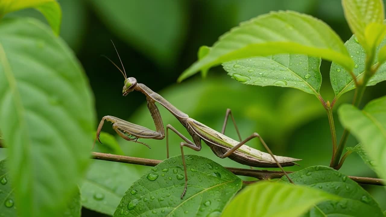 Stunning Close-Up of a Praying Mantis Camouflaged Among Lush Green Leaves with Raindrops, Showcasing Nature's Intricate Details and Colors