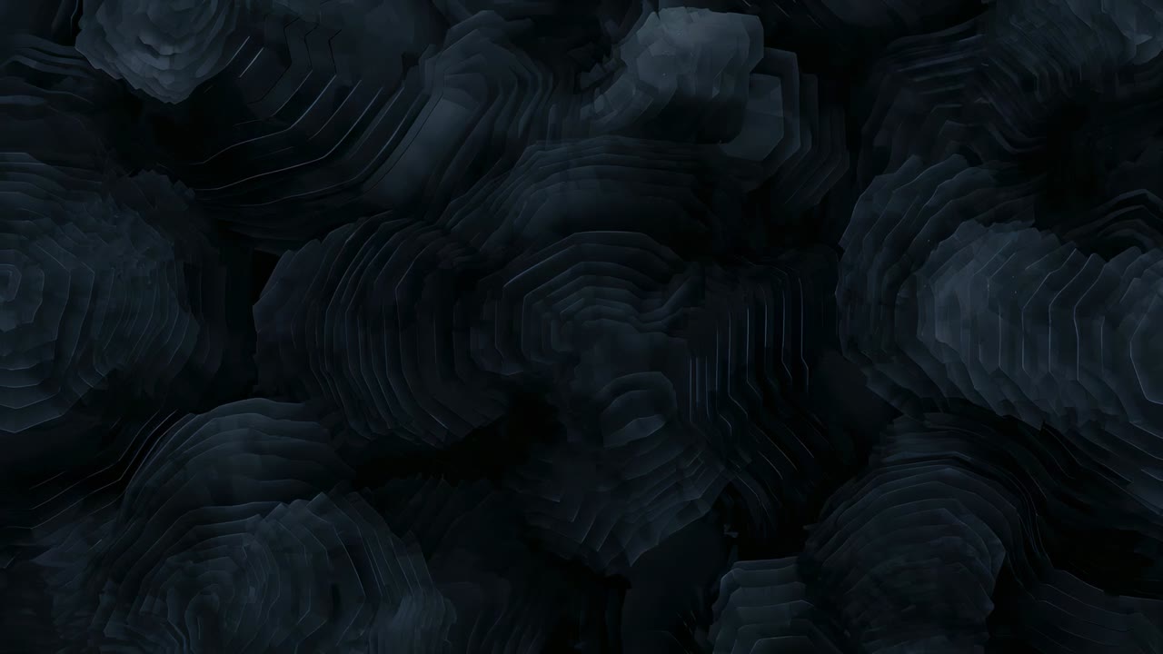 Cluster in movimento nello spazio CGI scuro dopo lo spostamento di luce con bordo blu, rotazione con rivelazione di creste e vuoti