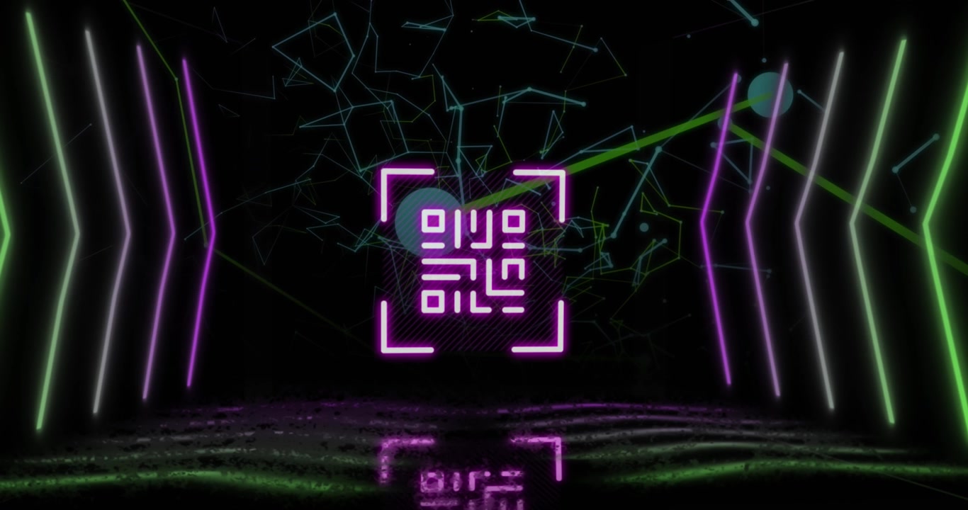 Animation of qr code over neon shapes and network of connections on black background