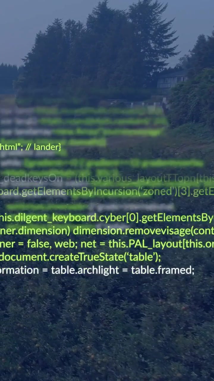 Indledende grønt bånd vises over landligt felt, gennemsigtigt kode-overlay ruller og viser tekniske data.