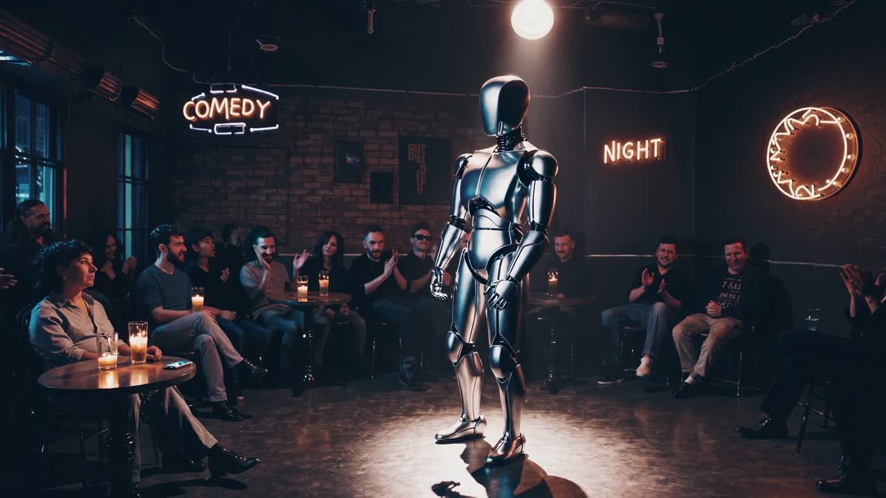 robot humanoide realizando comedia en un pequeño escenario, iluminado por focos, mientras la audiencia de personas mira y aplaude con entusiasmo, mostrando tecnología de entretenimiento futurista