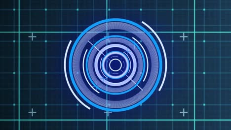 animation of neon round scanner spinning over grid network against blue background