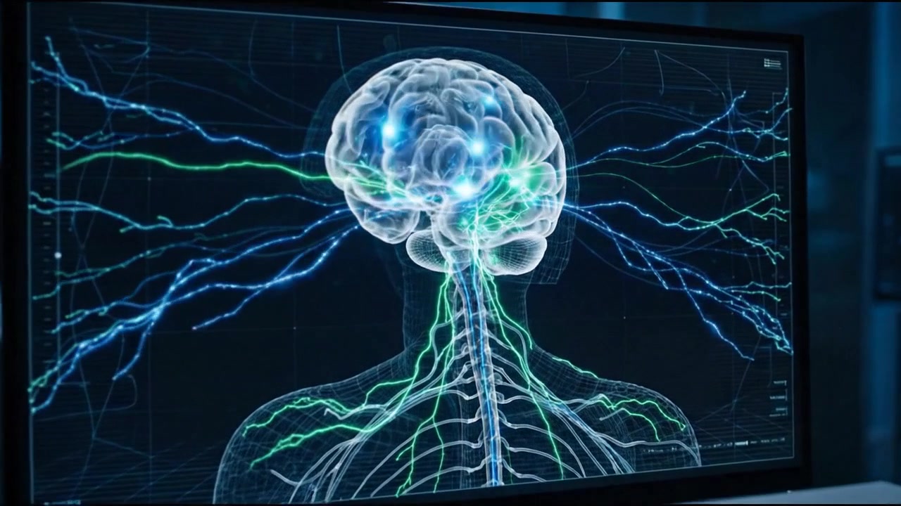 Digital brain and nervous system hologram displayed across laptop screen