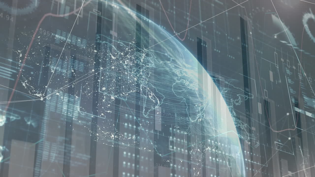 어두운 배경 에 있는 금융 데이터 테이블 과 디지털 글로브