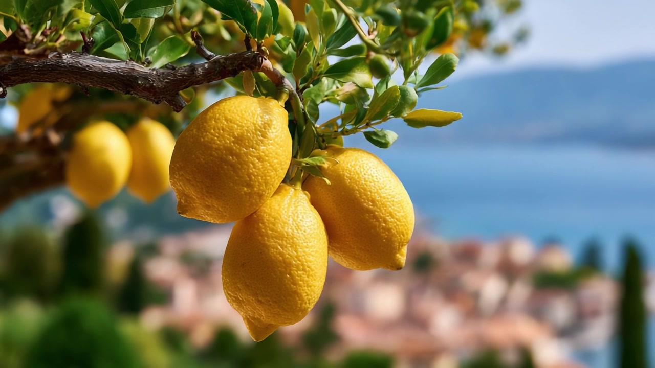 Un primo piano vibrante di limoni maturi appesi con grazia a un ramo su uno sfondo costiero pittoresco, che mostra l'abbondanza e la bellezza della natura