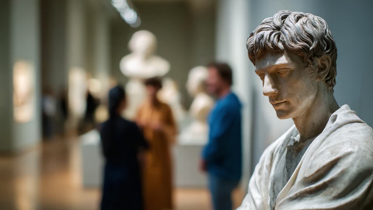 En marmorbuste på et museum, der fanger kunstens og kulturens essens i en elegant skulpturel form, med besøgende i baggrunden, der samtaler