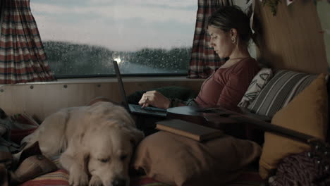 Woman-Using-Laptop-in-Camper-Van-on-Rainy-Day