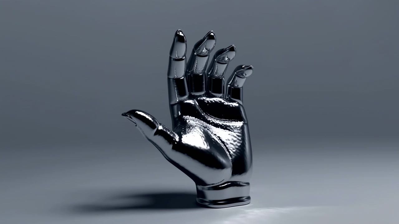 A small dark sculptural hand or fist stands near the center-right across the early to middle part of the sequence, remaining mostly still on a smooth gray