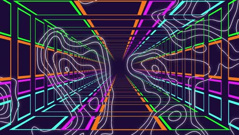 Animation-of-moving,-geometrical,-colorful-tunnel-over-moving-white-lines