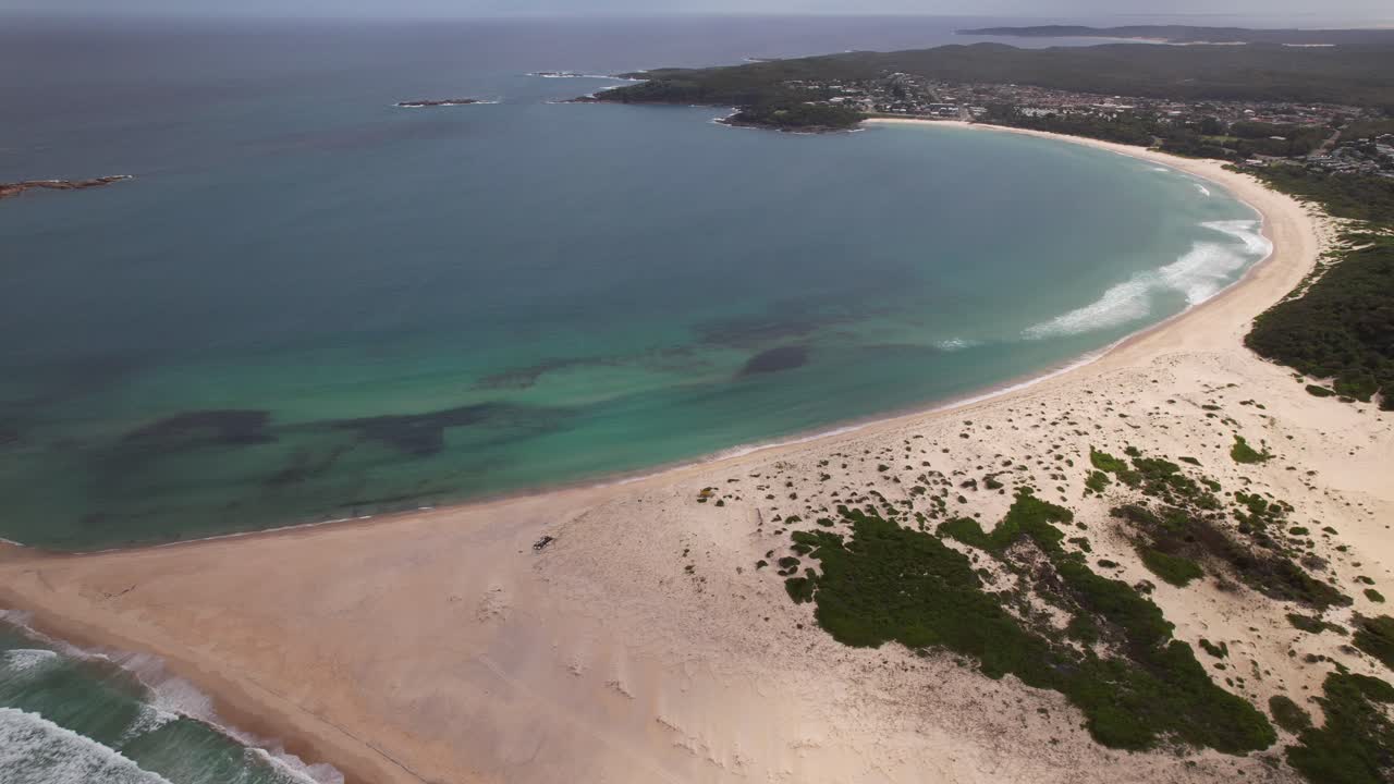 White Sand With Vegetation At Fingal Beach. Fingal Bay In New South Wales, Australia. aerial shot