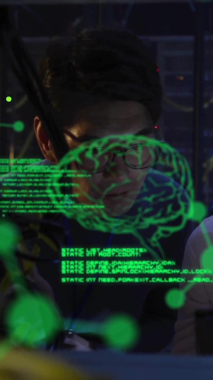 Animation of data processing with brains over diverse colleagues using tablet in server room