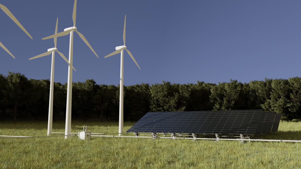 Renewable energies in a green zone with air mills and solar panels. 3d animation