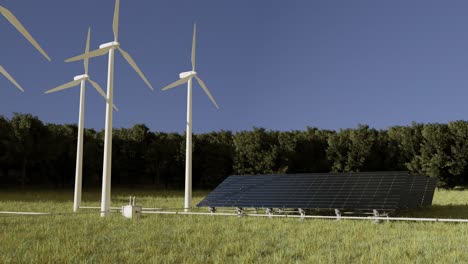 renewable energies in a green zone with air mills and solar panels. 3d animation