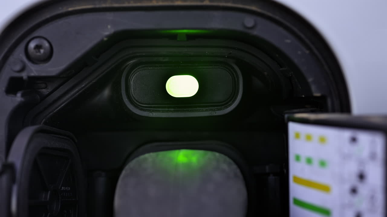 Close up of a white, electric car charging