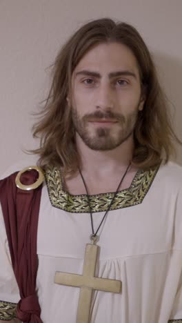 man in historical religious attire with a cross pendant