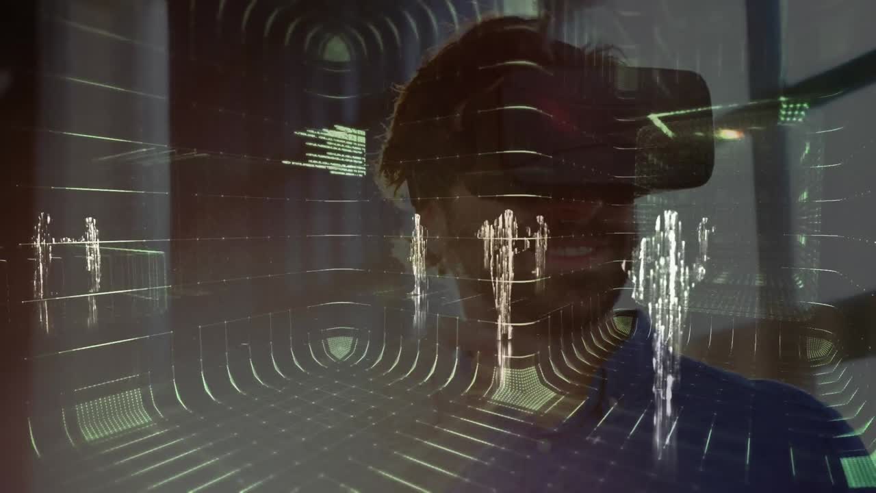 uomo con cuffie di realtà virtuale con dati