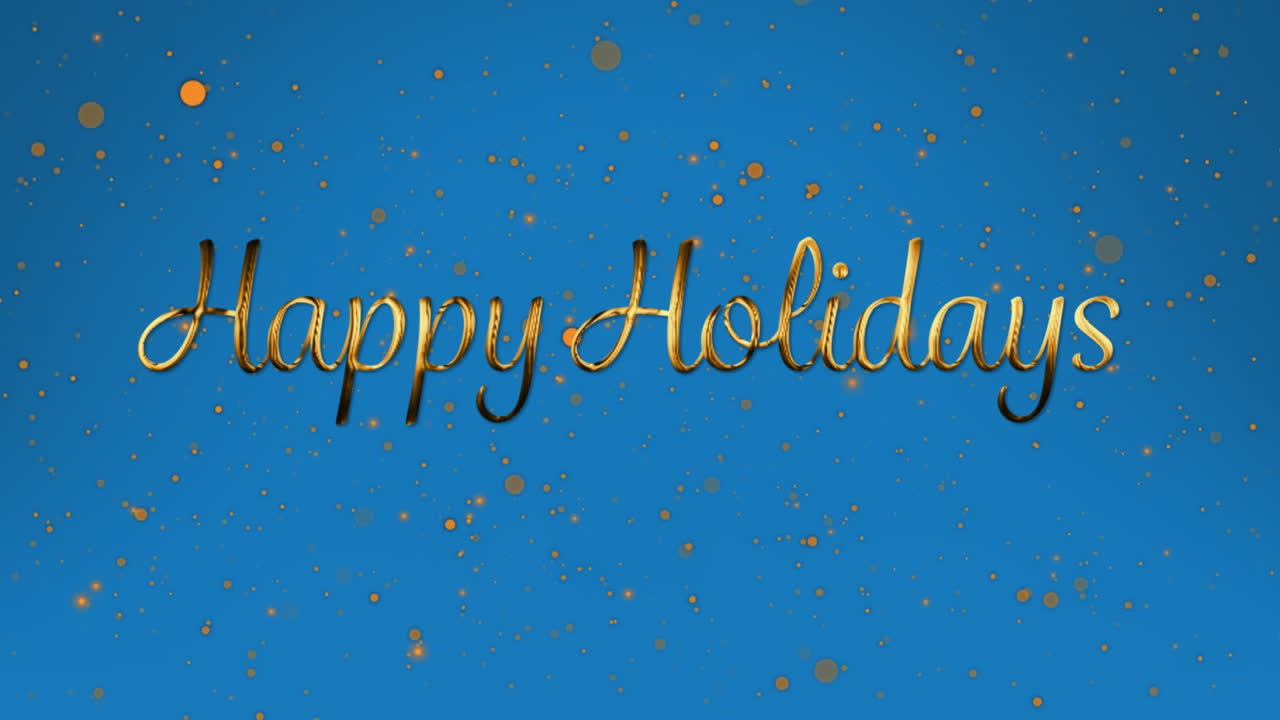 파란색 배경에 떨어지는 금색 반점 위의 행복한 휴일 텍스트의 애니메이션