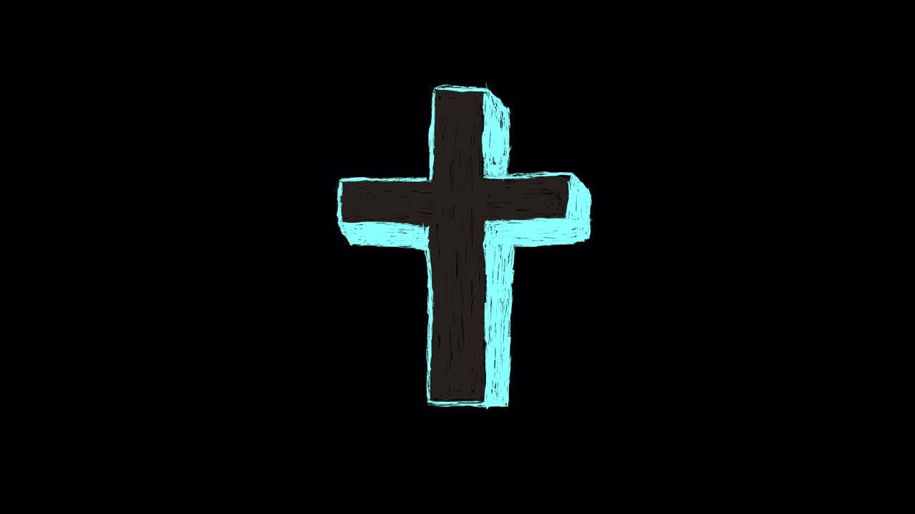 Animated Hand-Drawn Cross with Glowing Blue Outline on Black Background