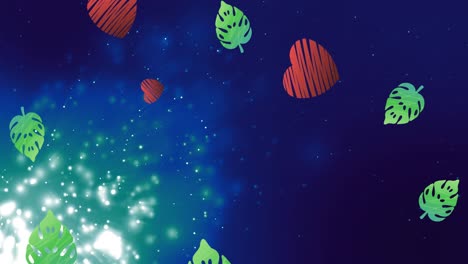 animación de corazones y hojas que caen sobre puntos de luz sobre fondo azul