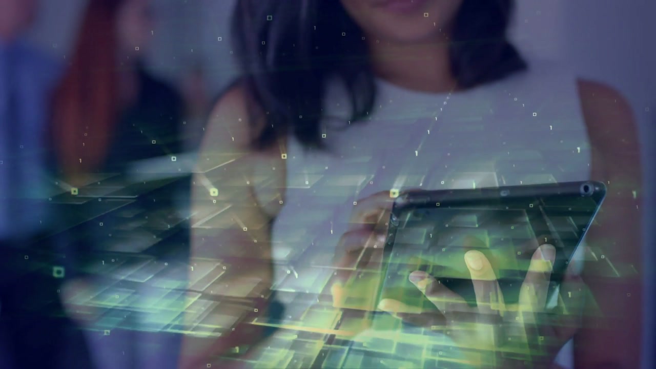Woman tapping tablet first tap launching data overlays and keys, camera pulling back showing tech