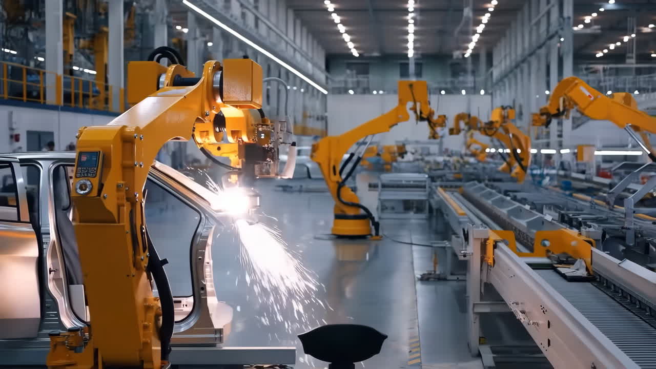 Robotic Arms Welding Cars on an Automated Assembly Line in a Modern Factory