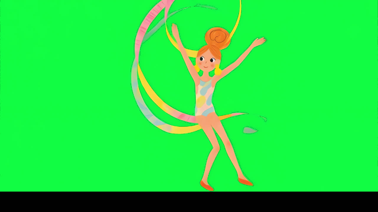 Sovrapposizione animata con illustrazione di ginnasta ritmica stravagante, video 4K trasparente, canale alfa