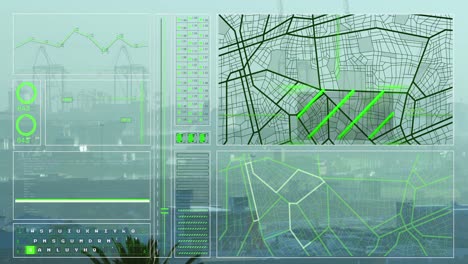 animación de la interfaz con el procesamiento de datos frente a una vista aérea del paisaje urbano