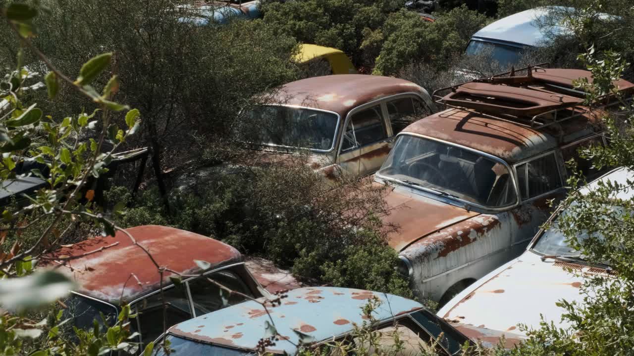 숲이 우거진 곳에 버려진 낡고 녹슨 폐차의 모습