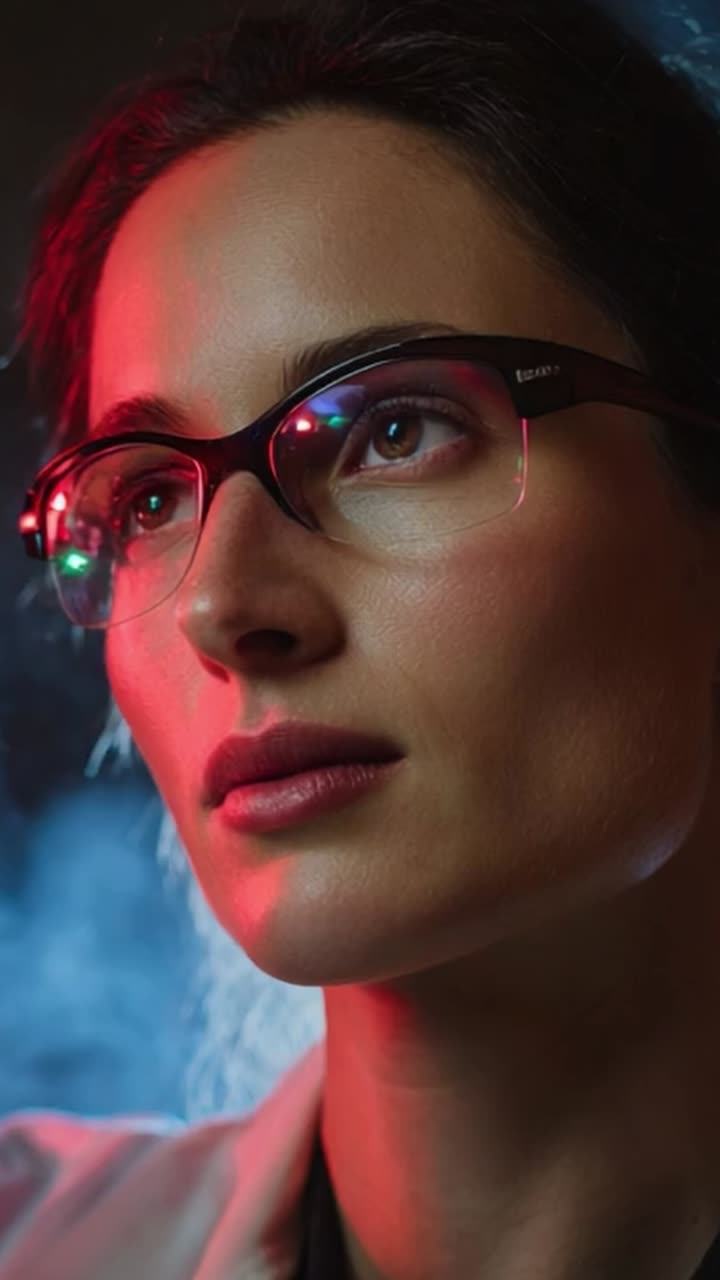Una donna riflessiva con gli occhiali contempla ciò che la circonda, illuminata da luci suggestive e una palette di colori tenui in una sessione di ritratti artistici