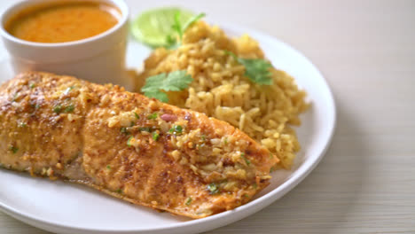 pan seared salmon tandoori with masala rice - muslim food style