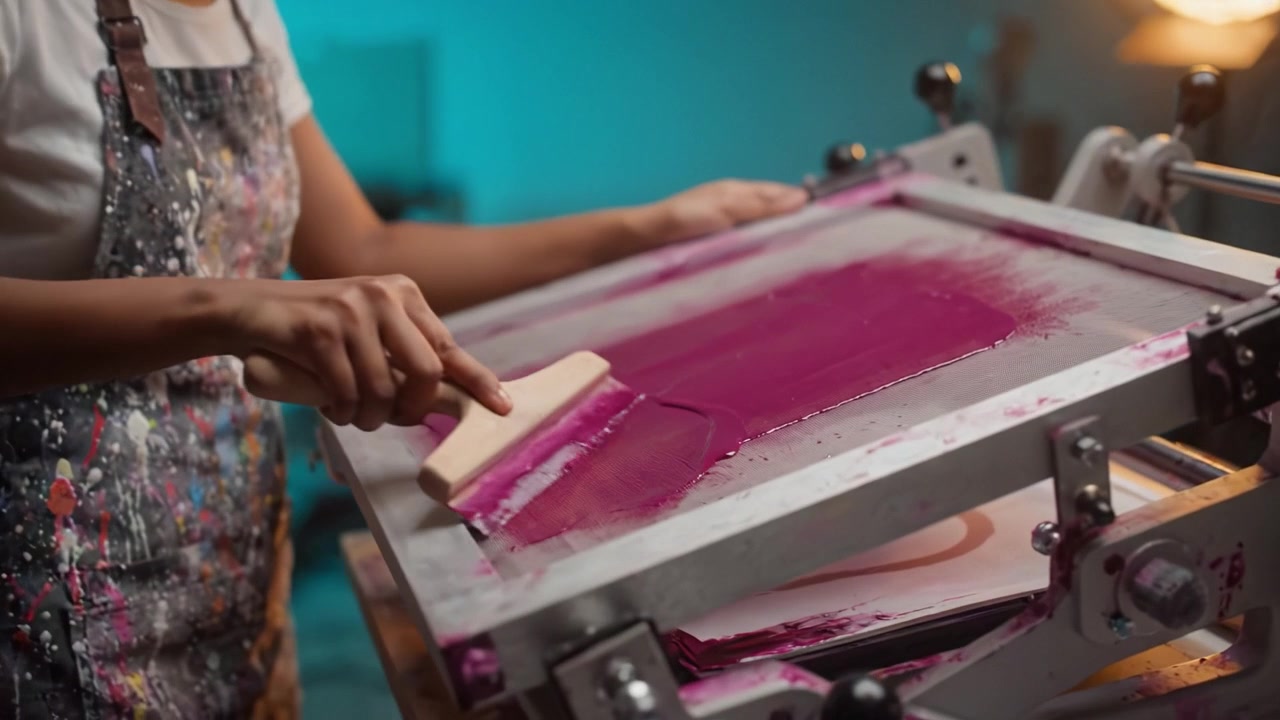 Creative Process of a Young Artist Using Screen Printing Techniques to Apply Vivid Purple Ink on Fabric in a Stylishly Lit Studio Environment