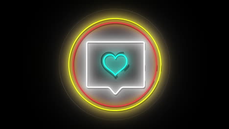 animación de corazón de neón azul en burbuja de habla y anillos de carga de datos parpadeantes en negro