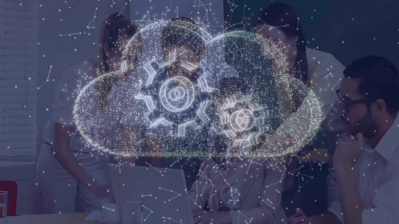 Collaborating at office, diverse team using cloud computing and data processing animation