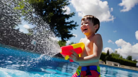 happy boy playing with water gun in a swimming pool