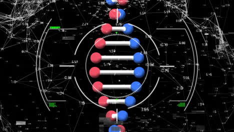 animación del procesamiento de datos y la cadena de adn en fondo negro