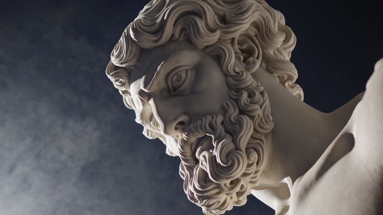 Dramatic low-angle shot of a classical marble statue's face, highlighting intricate details