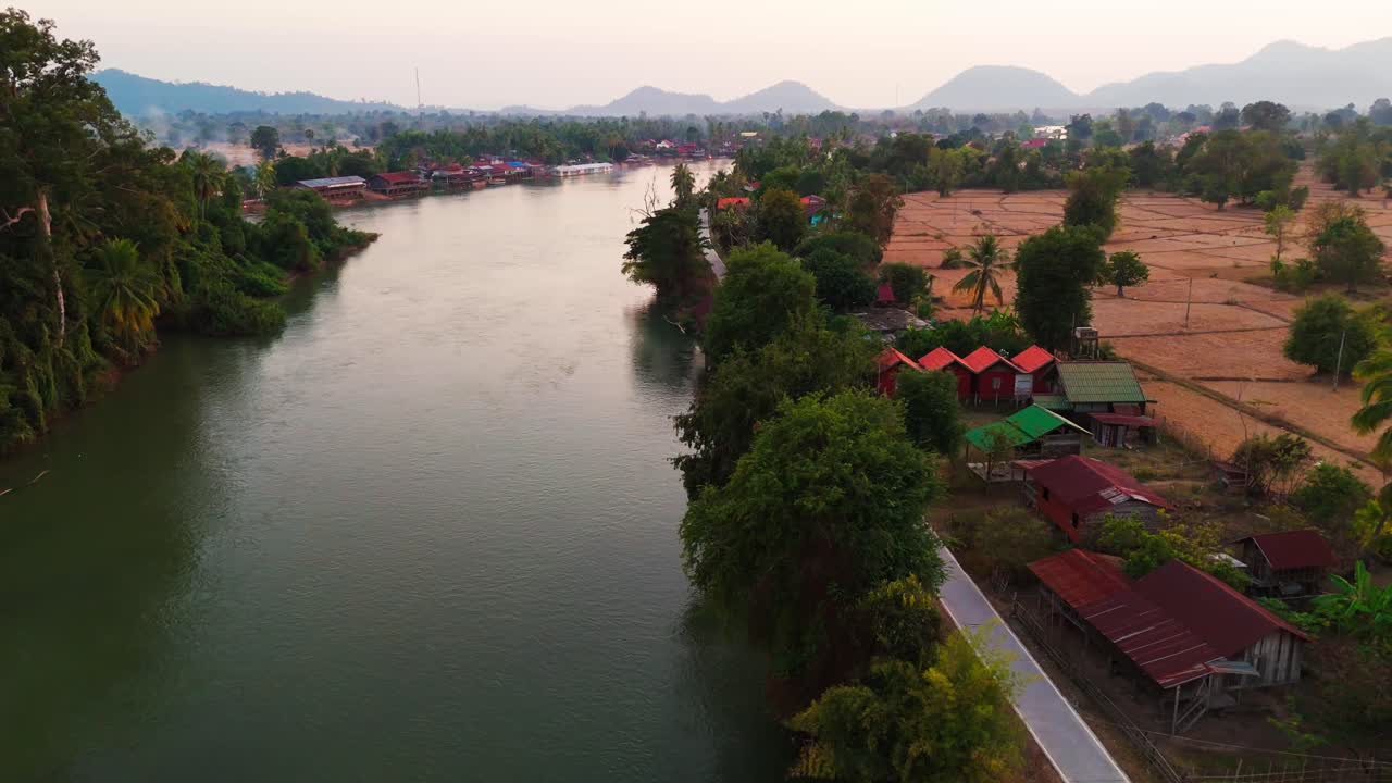 Aerial drone fly river landscape at Laotian village, Four Thousand Islands, Laos Scenic Village