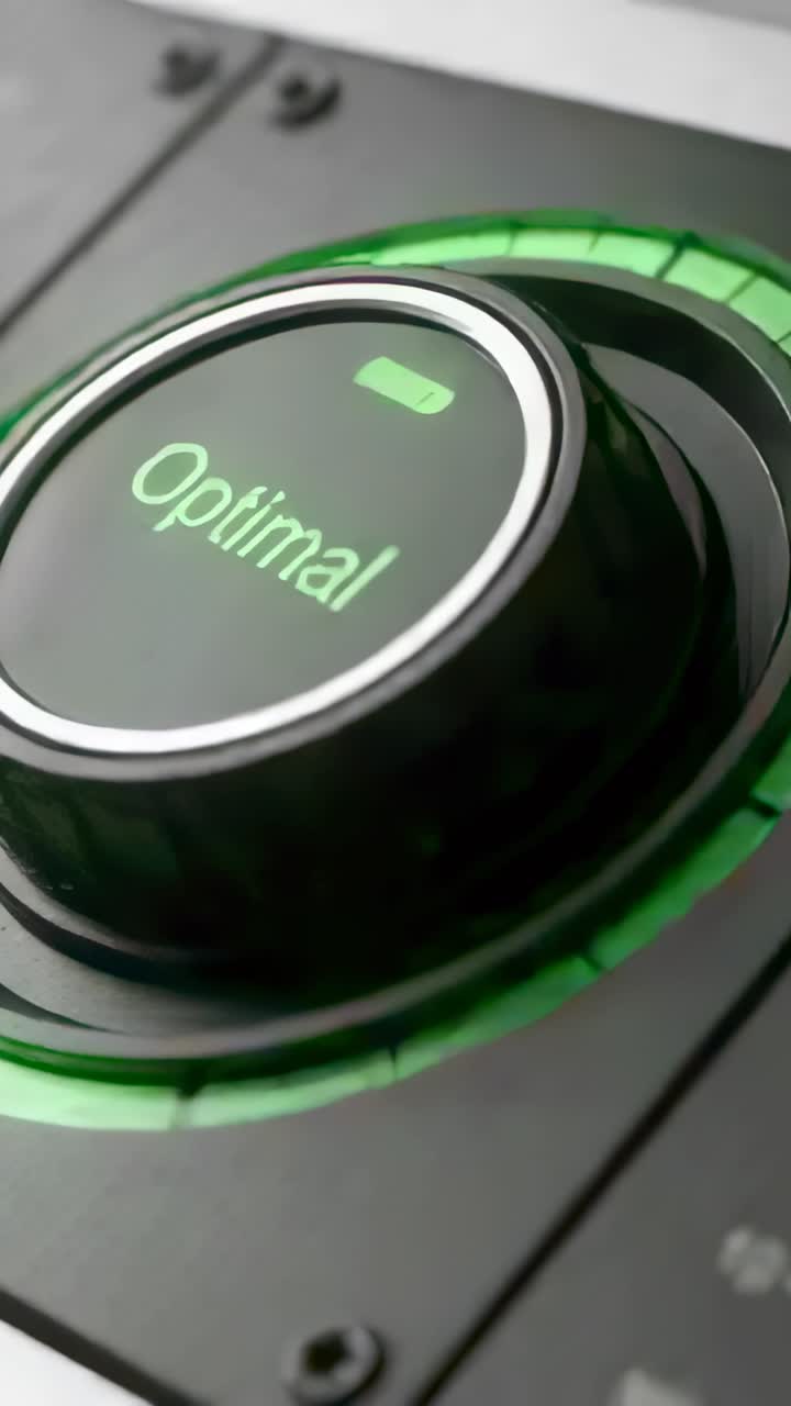 Vertical video: Tilting camera showing knob labeled Optimal on black panel, highlighting LED ring