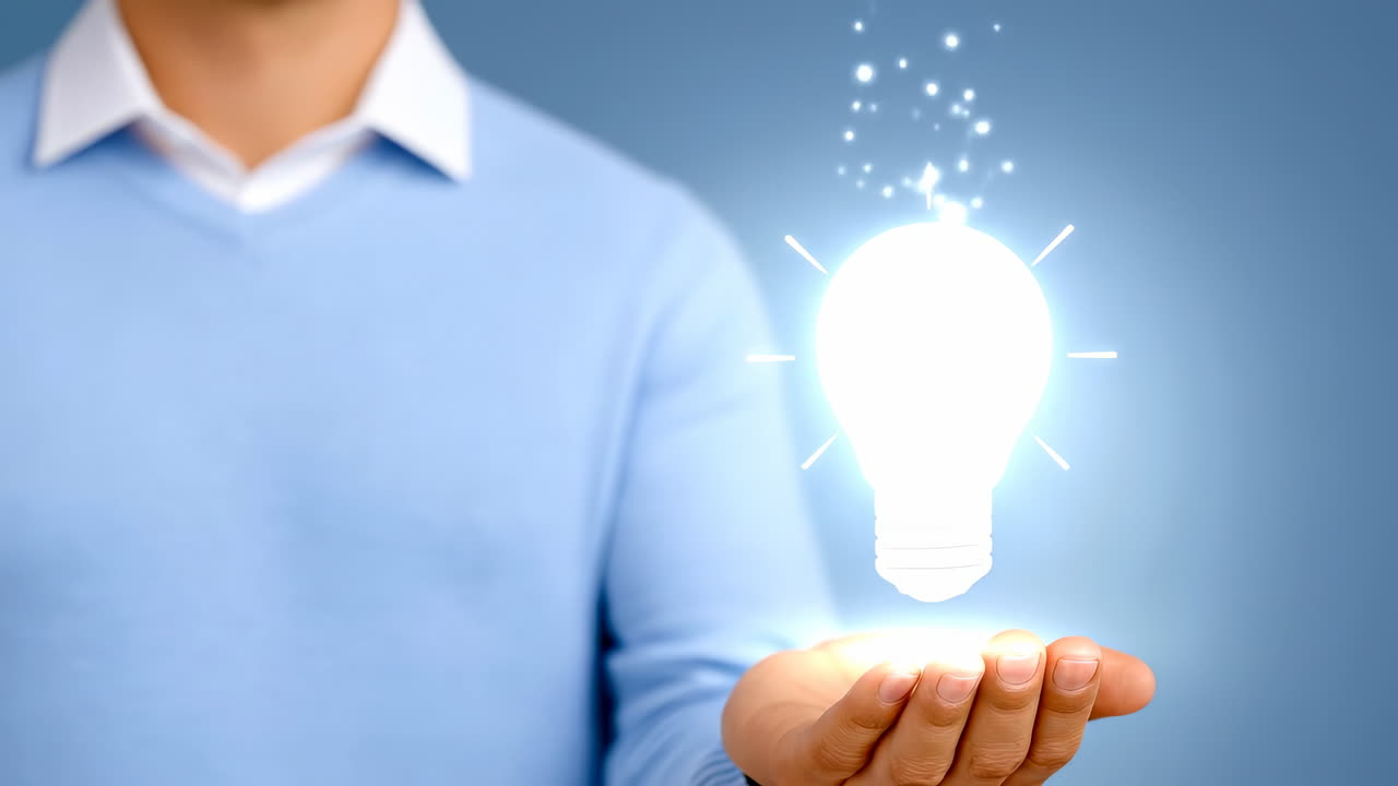 Holding a bright idea in a hand. A person stands with one hand out, showing a bright light bulb above it. This symbolizes creativity and new thoughts