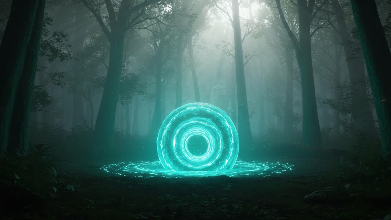 Mysterious Energetic Portal in a Dark Forest Illuminated by Glowing Swirls of Light, Surrounded by Dense Trees and Ethereal Atmosphere