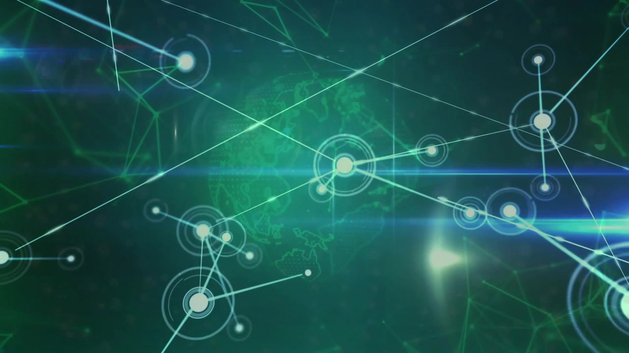 3D globe appearing triggers nodes emerging, lines linking, beams sweeping, showing network forming
