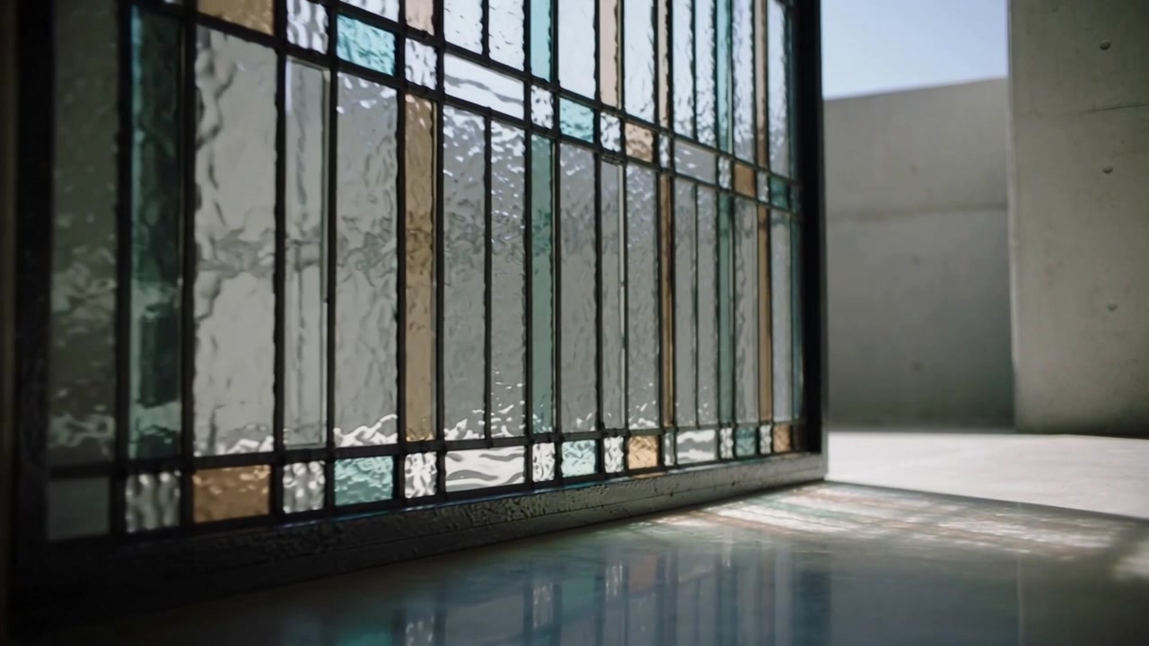 Pulling back camera to reveal textured glass panel by tile floor, casting teal amber reflections