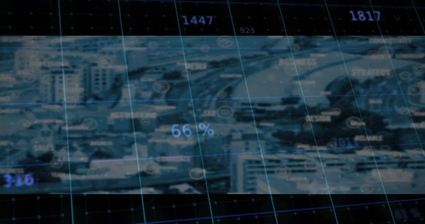 Linee a griglia luminose che si muovono, con letture numeriche che si aggiornano e pulsano, visualizzando dati urbani in sovrapposizione