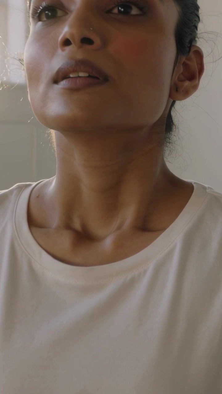 Video verticale: Telecamera in movimento, donna con maglietta bianca che inclina la testa e respira vicino alla finestra per un primo piano