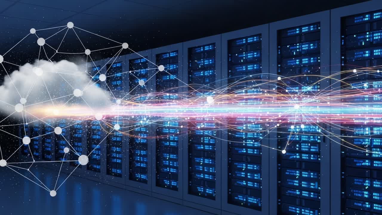 A Visual Representation of Cloud Computing and Data Transfer, Showcasing the Connection Between Cloud Technology and Data Centers through Vibrant Light Trails