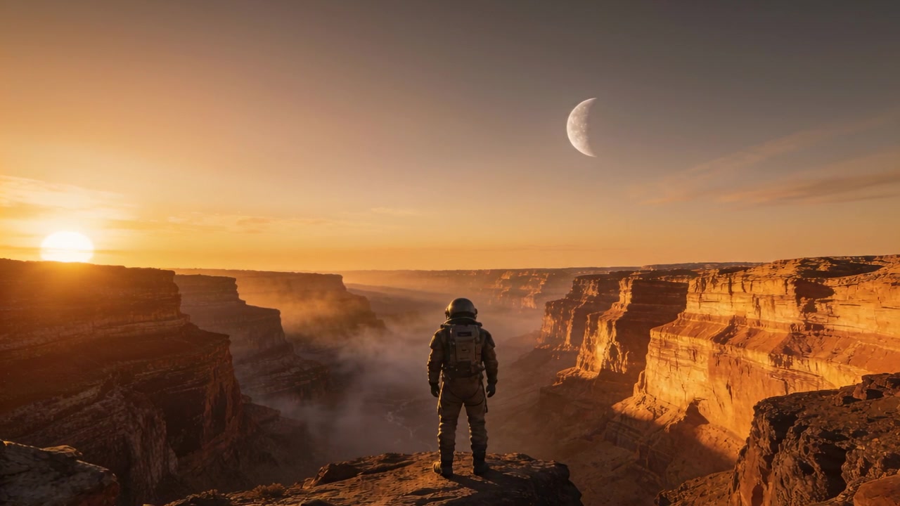 Standing explorer surveying vast canyon on ledge, low sun rising, spacesuit helmet pack, crescent